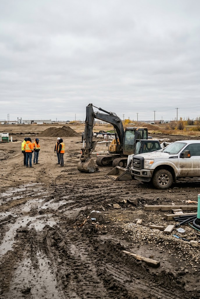 Crew in hi-vis gathered beside an excavator and a service truck on a muddy industrial site