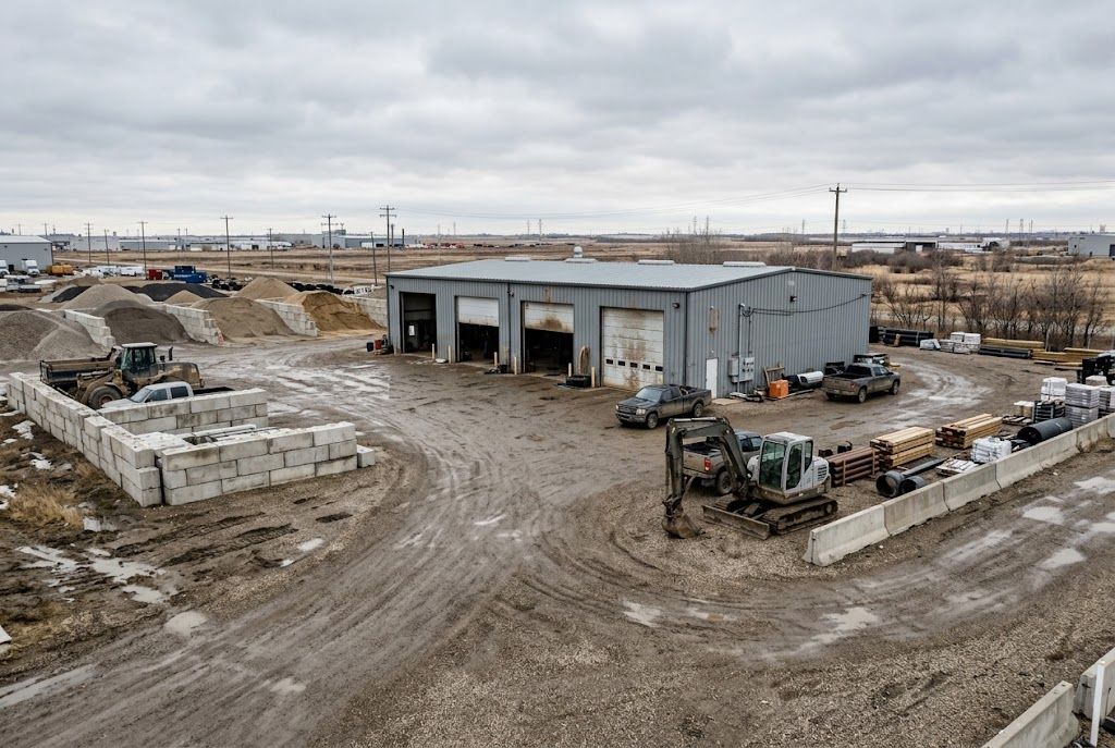 Steel shop building with overhead doors, service trucks, aggregate piles and concrete bin blocks in the yard
