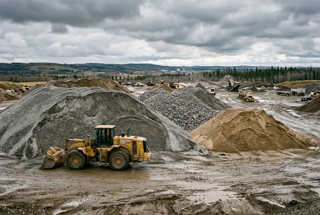 Wheel loader working stockpiles of crushed rock, gravel and sand at an aggregate pit