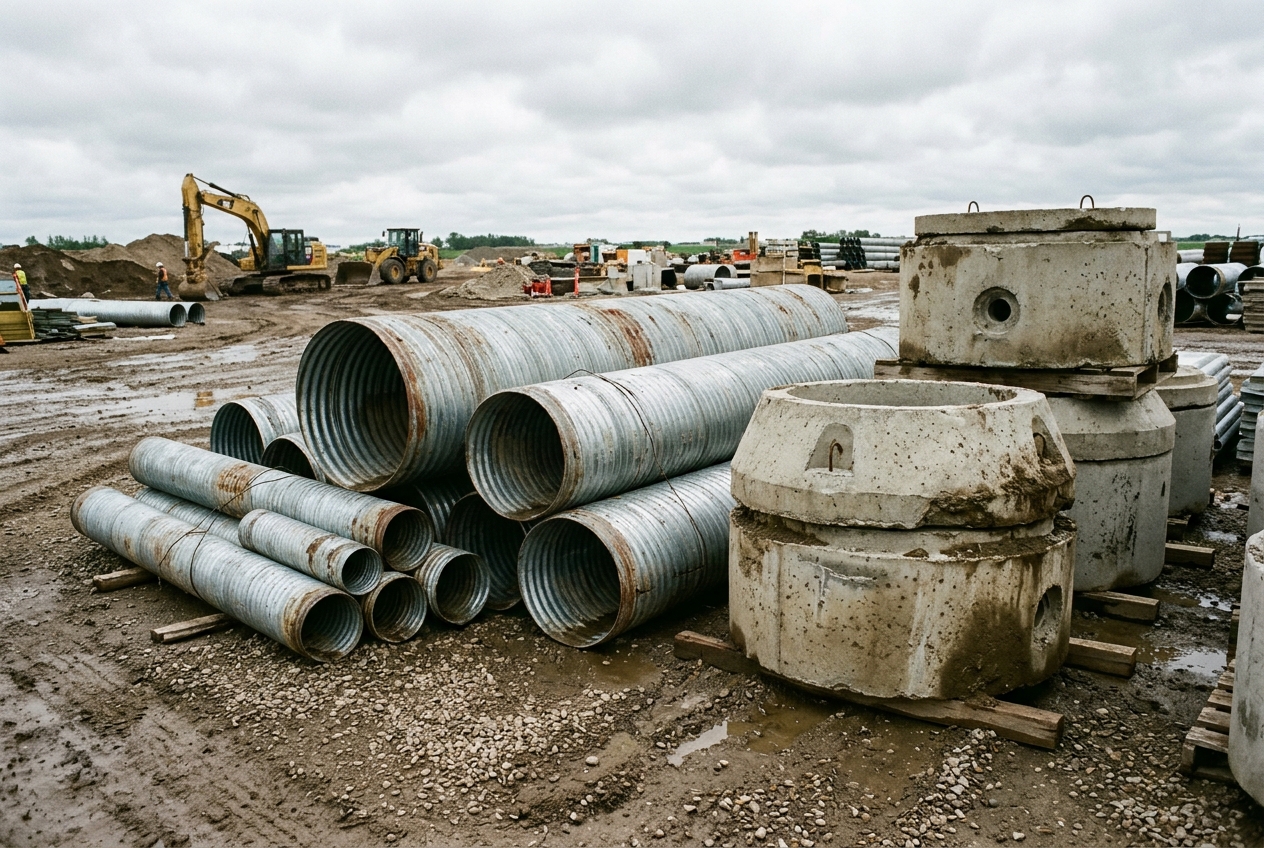 Corrugated steel culvert pipe and precast concrete manhole sections stored in a supply yard