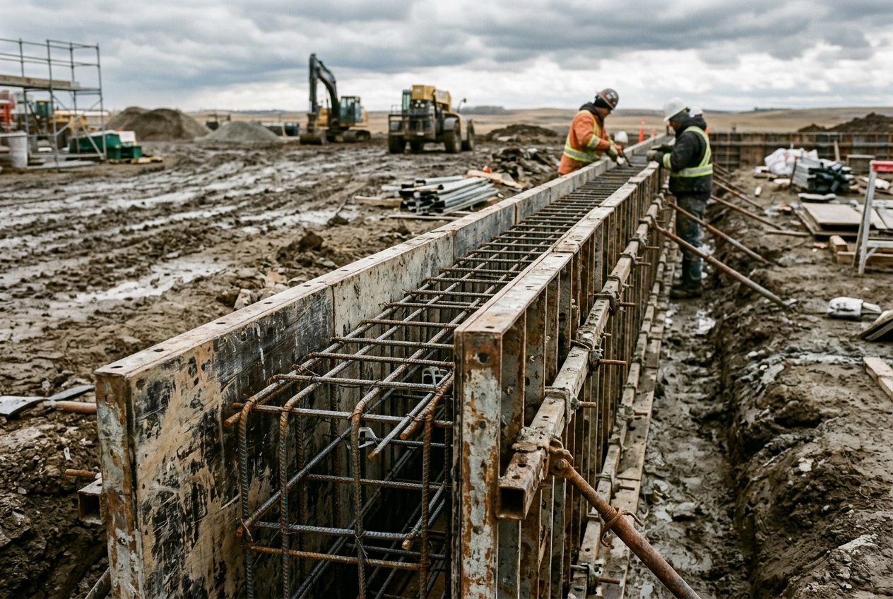 Steel wall forms with reinforcing steel tied inside, braced and ready for a concrete pour