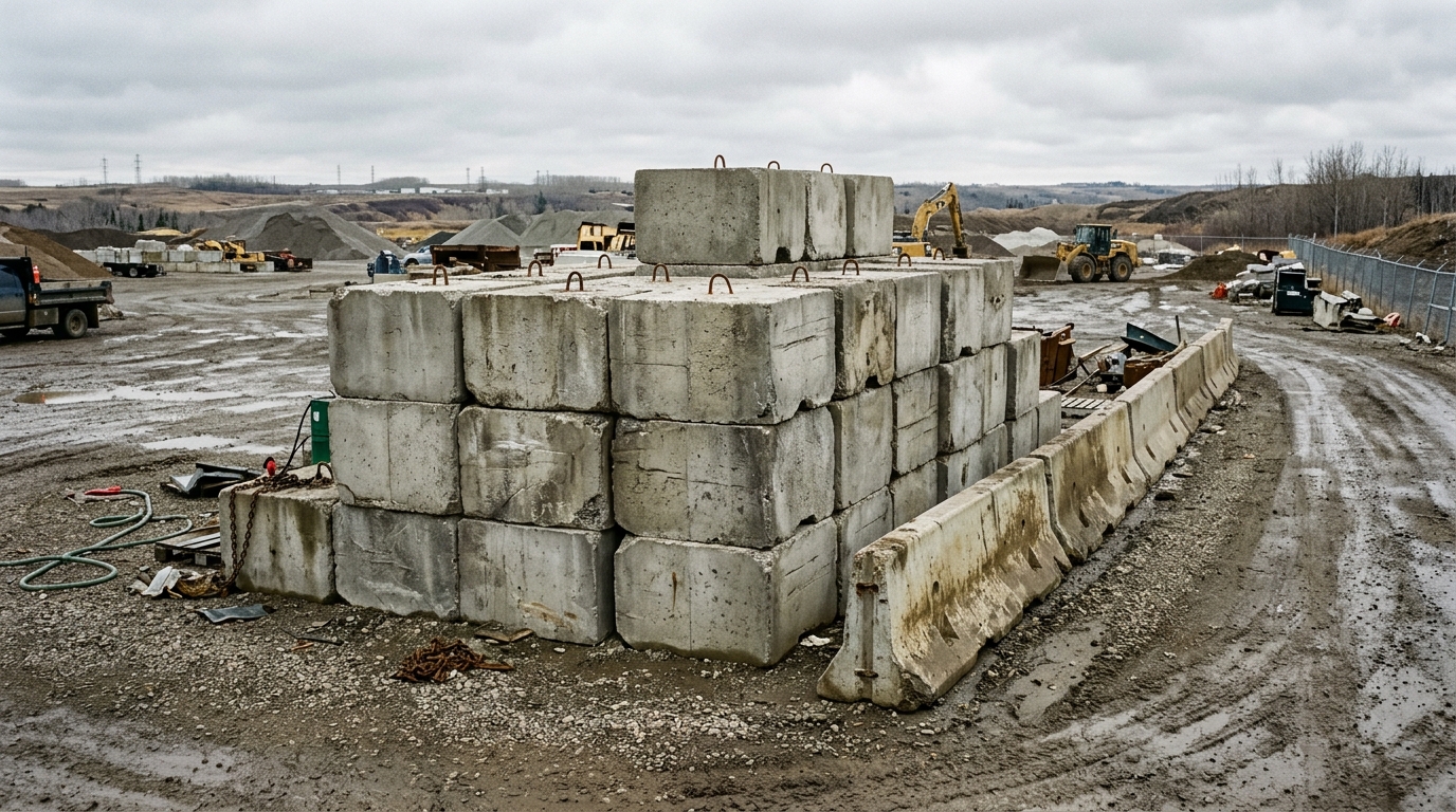 Stacked precast concrete bin blocks with cast-in lifting lugs, beside a concrete barrier in a yard
