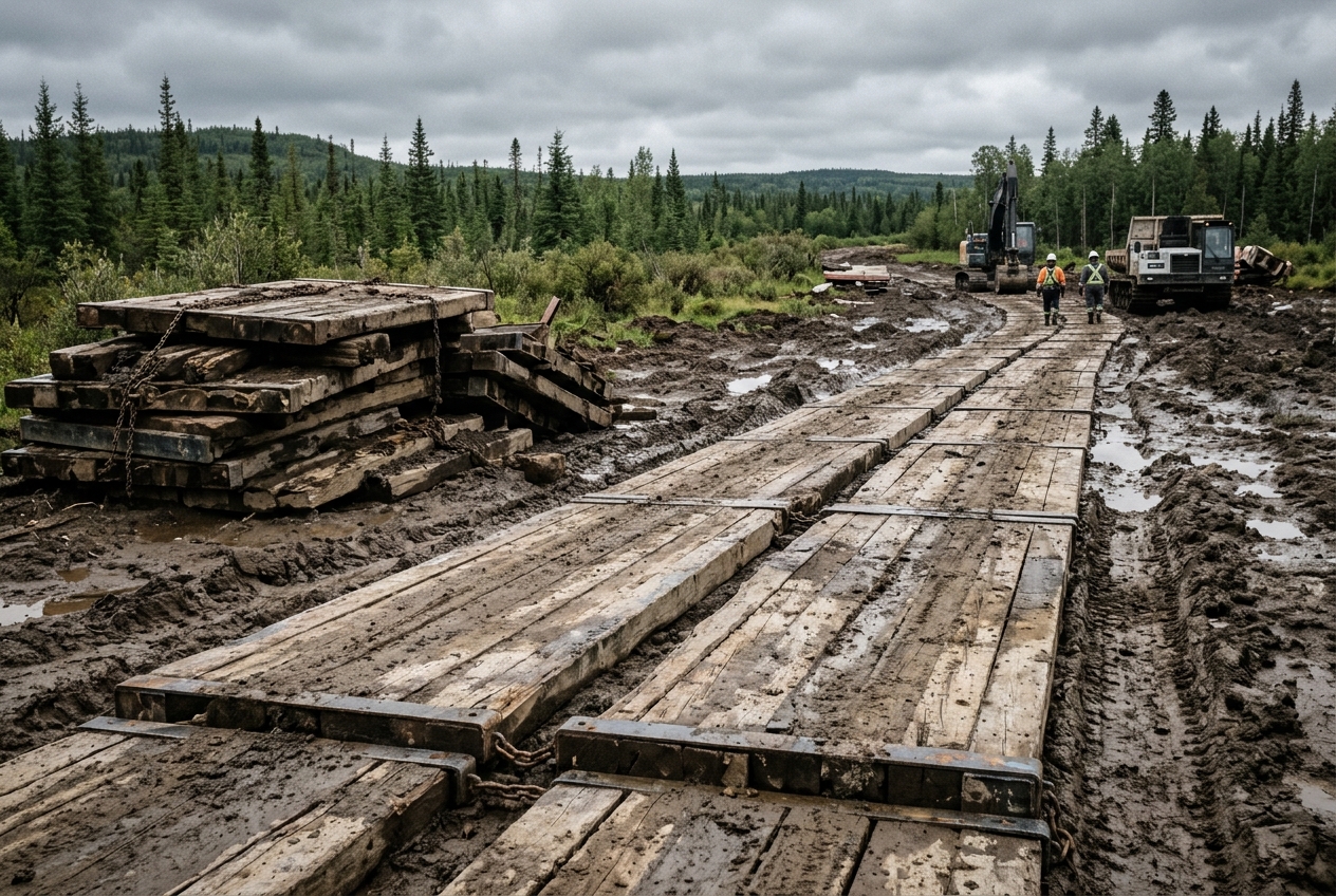 Timber access mats laid end to end across soft ground, with a stack of spare mats alongside