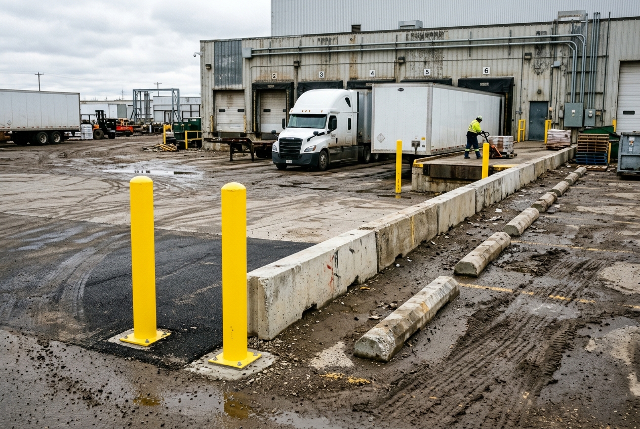 Semi truck at an industrial loading dock beside an in-ground steel deck plate, concrete barrier and bollards