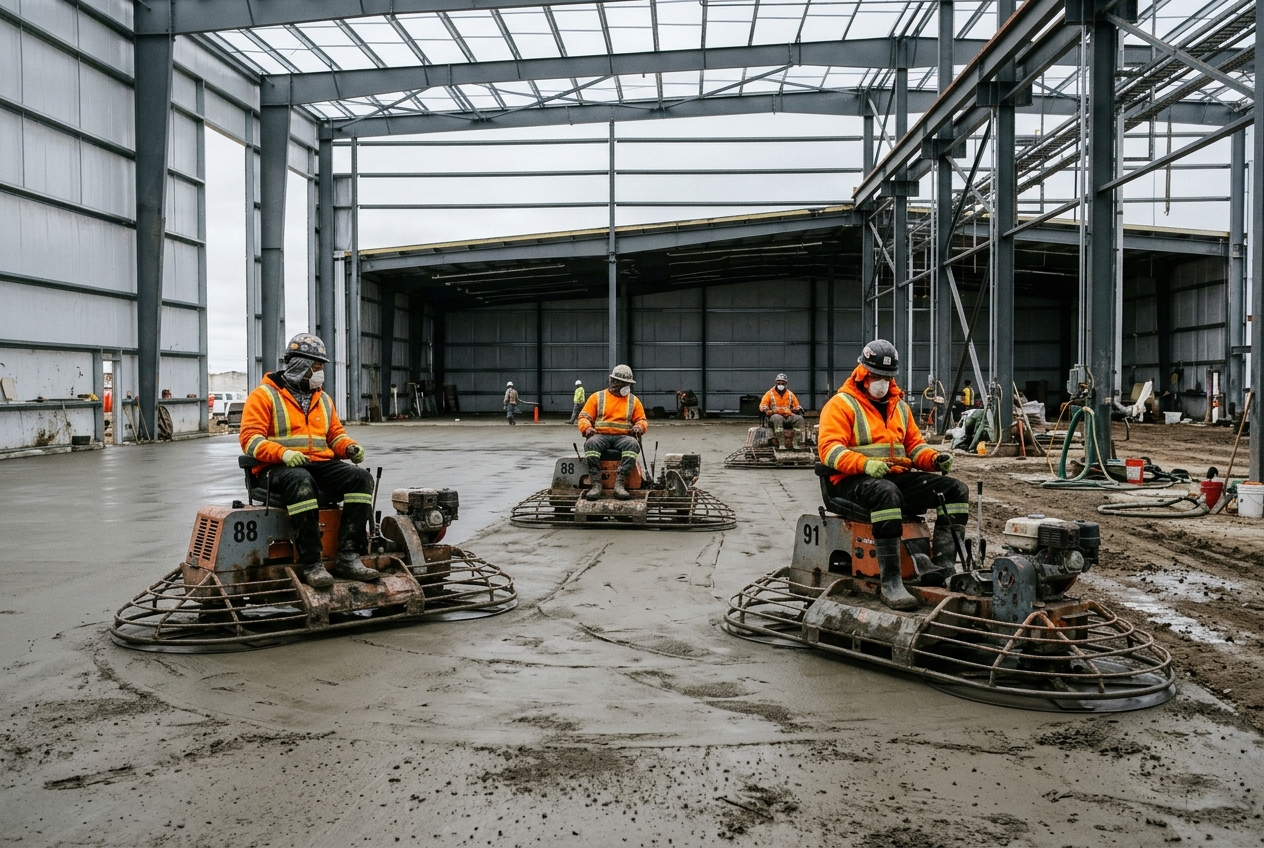 Crew running ride-on power trowels across a fresh concrete floor inside a steel building shell