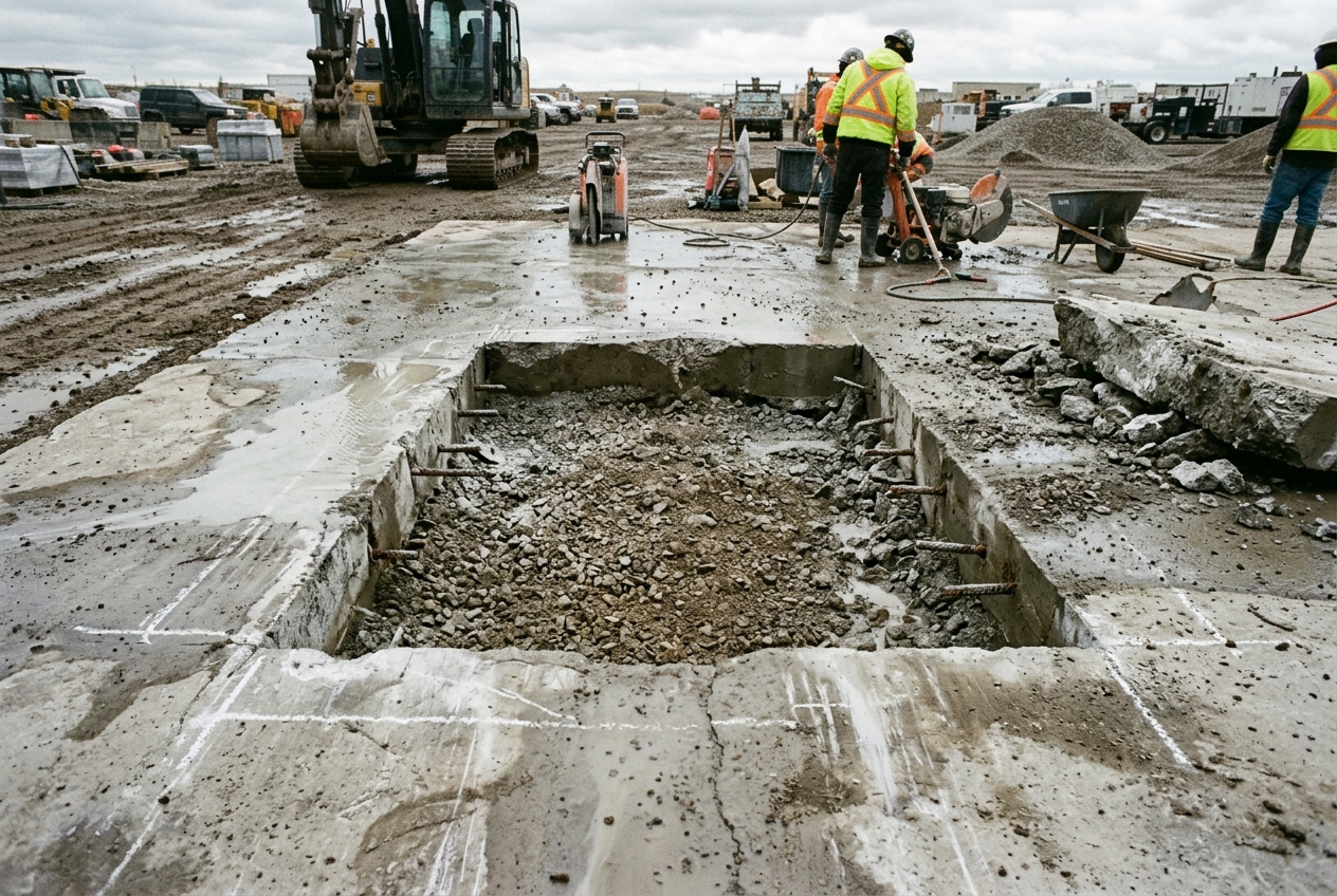 Rectangular pit saw-cut into a concrete apron with reinforcing dowels exposed around the edges