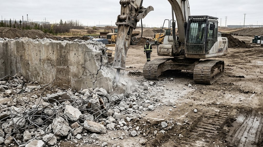 Excavator with a hydraulic breaker demolishing a reinforced concrete wall