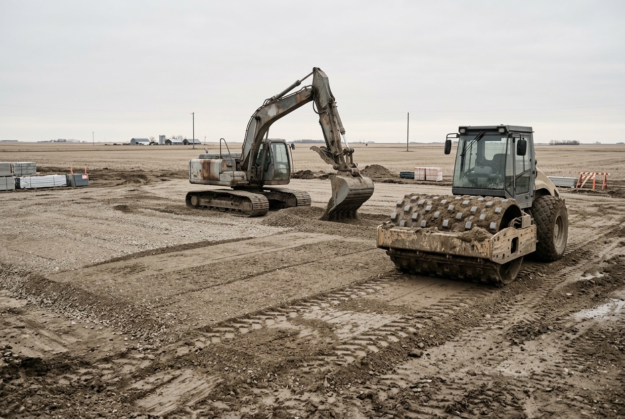 Excavator and a padfoot compactor working a graded site pad on open prairie