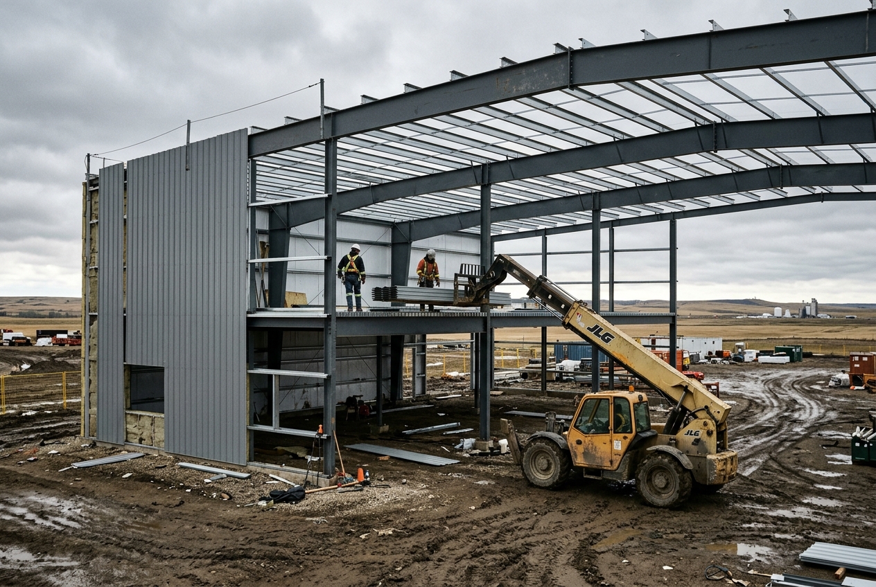 Workers on an elevated platform installing steel wall sheeting on an industrial building frame